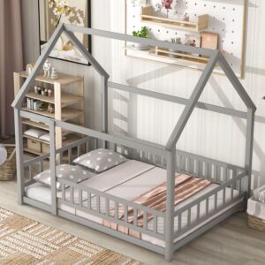 Twin Size Floor Wooden Bed with House Roof Frame